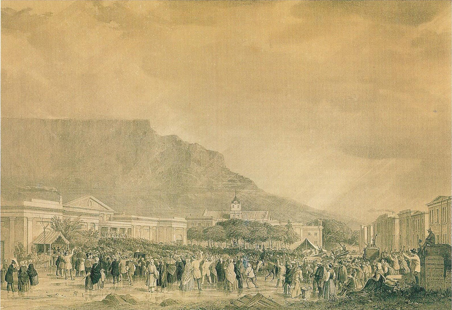 The Great Meeting held in front of the Commercial Hall, Cape Town, 4 July 1849  lithograph print by Thomas Bowler.