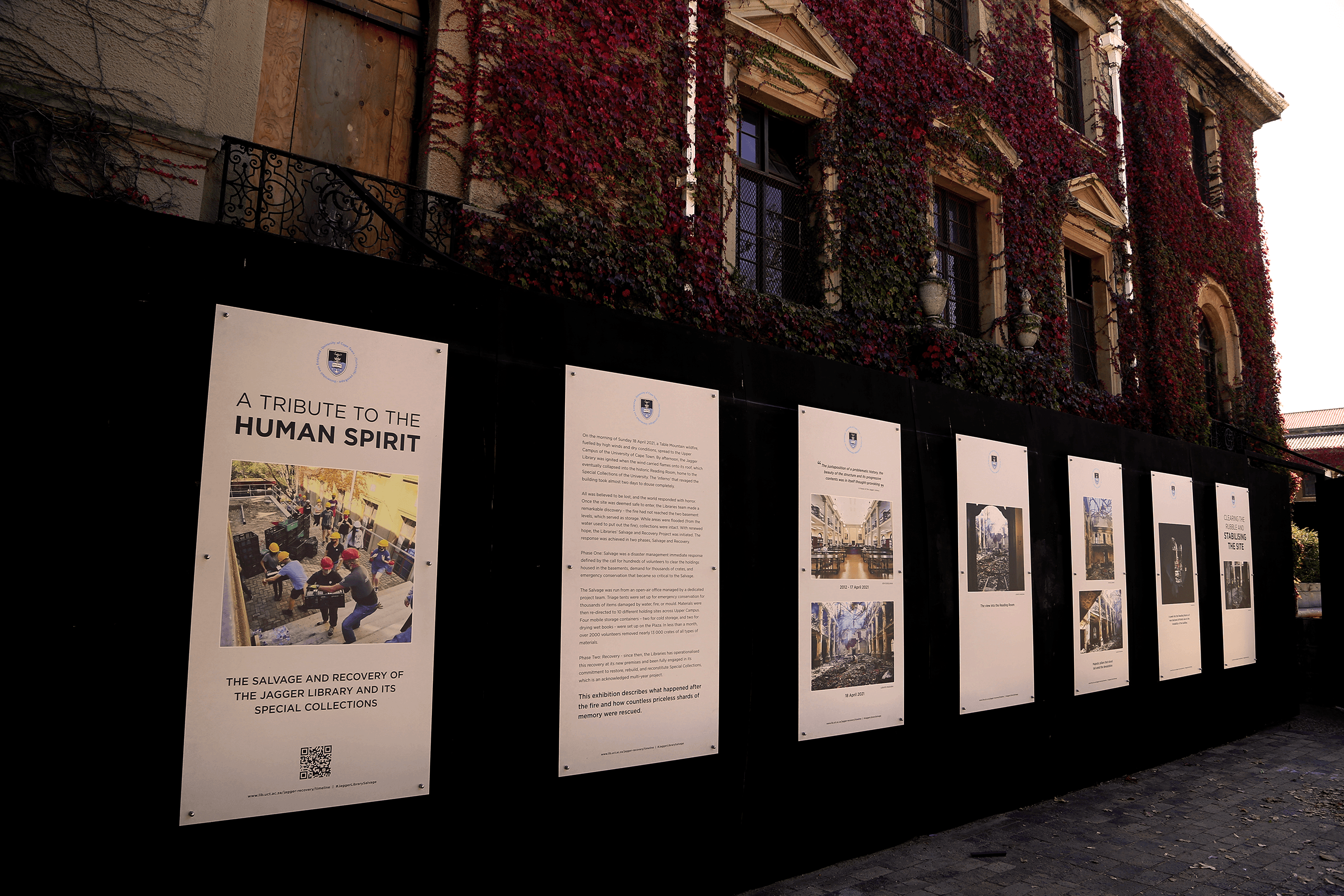 display of exhibition boards against the Jagger Building